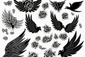 y AND m + ROSE AND WINGS tattoo idea