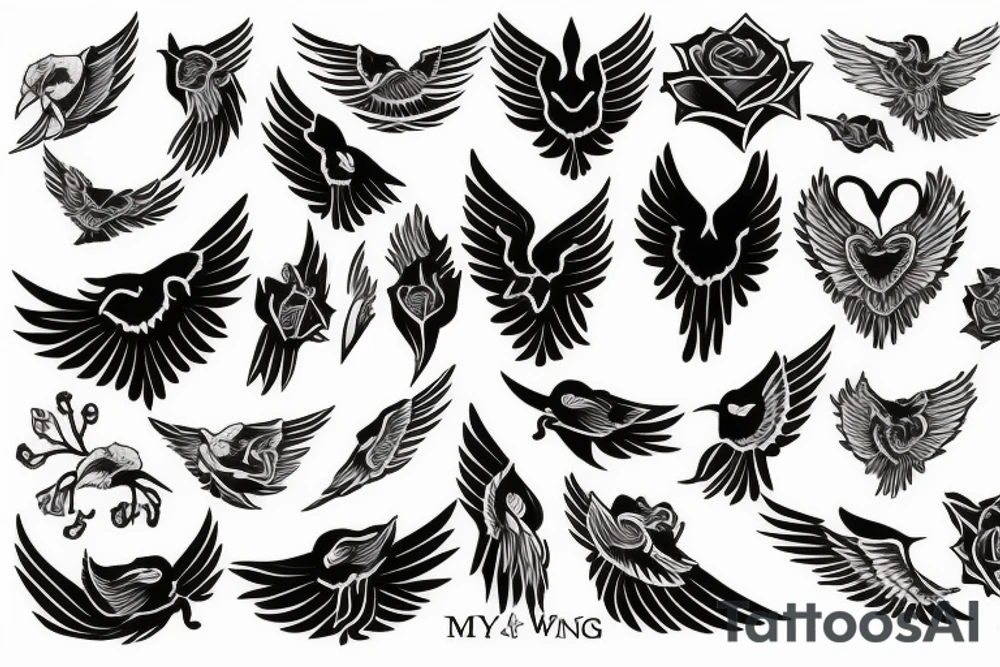y AND m + ROSE AND WINGS tattoo idea