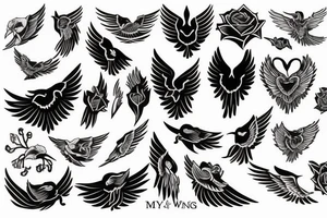 y AND m + ROSE AND WINGS tattoo idea