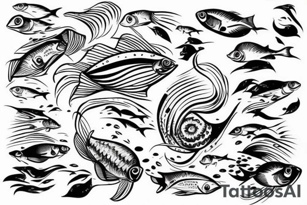 fish in a wave with cars and montaine tattoo idea
