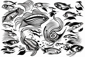 fish in a wave with cars and montaine tattoo idea