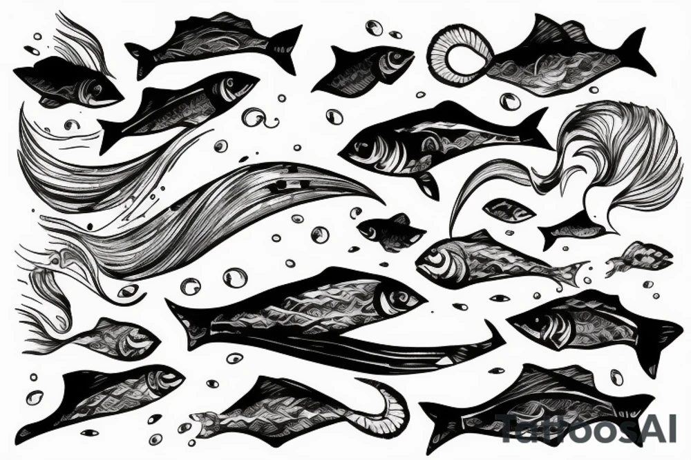 fish in a wave with cars and montaine tattoo idea