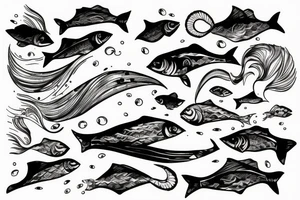 fish in a wave with cars and montaine tattoo idea