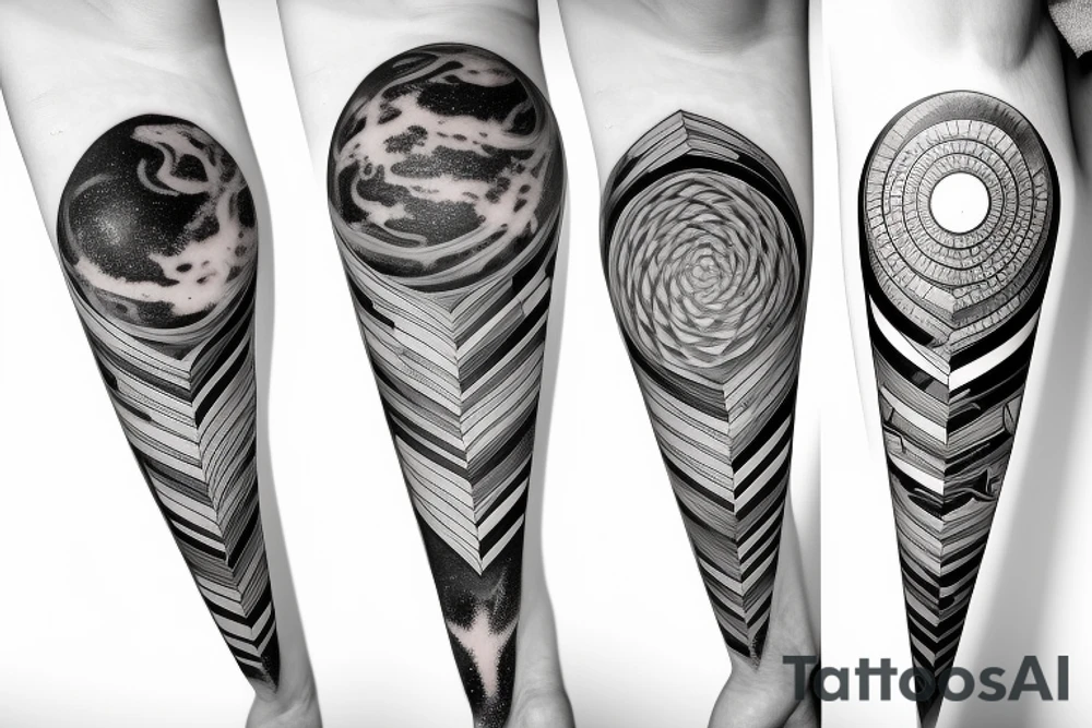 Rocket which looks like pen flys through planets arranged in the fibonacci sequence tattoo idea
