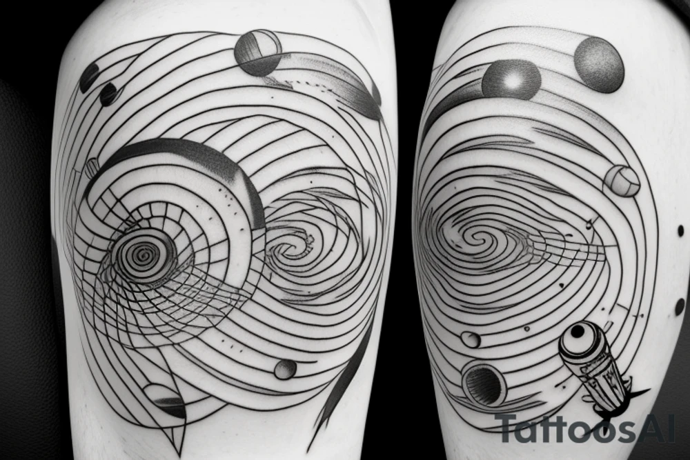 Rocket which looks like pen flys through planets arranged in the fibonacci sequence tattoo idea