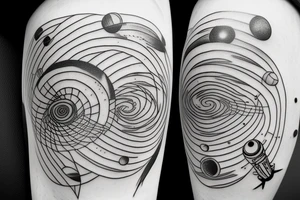 Rocket which looks like pen flys through planets arranged in the fibonacci sequence tattoo idea