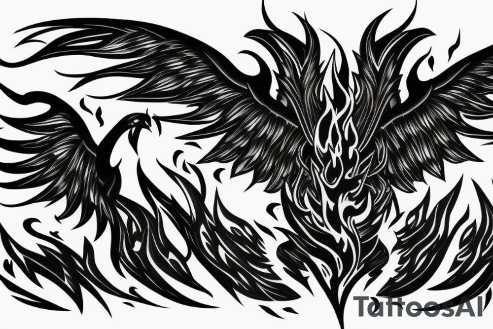 phoenix rising from fire, hell, dark, volumetric light tattoo idea
