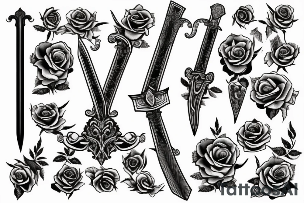 A sword with roses behind it tattoo idea