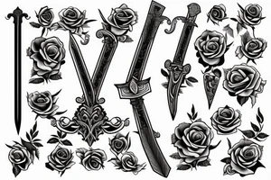A sword with roses behind it tattoo idea