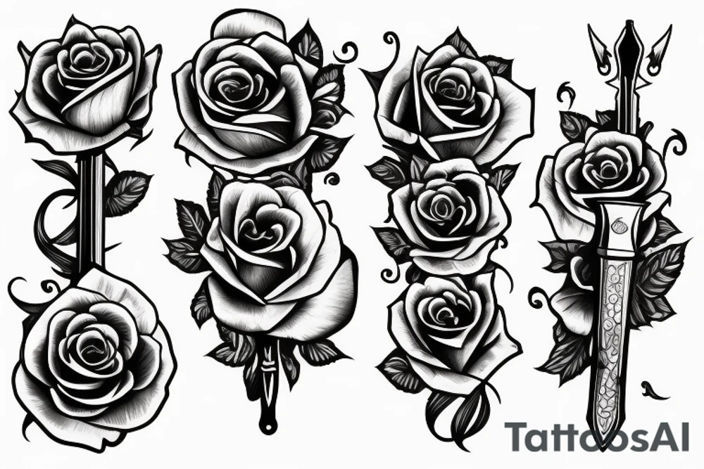 A straight sword with roses behind it tattoo idea