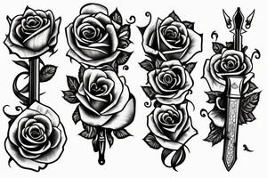 A straight sword with roses behind it tattoo idea