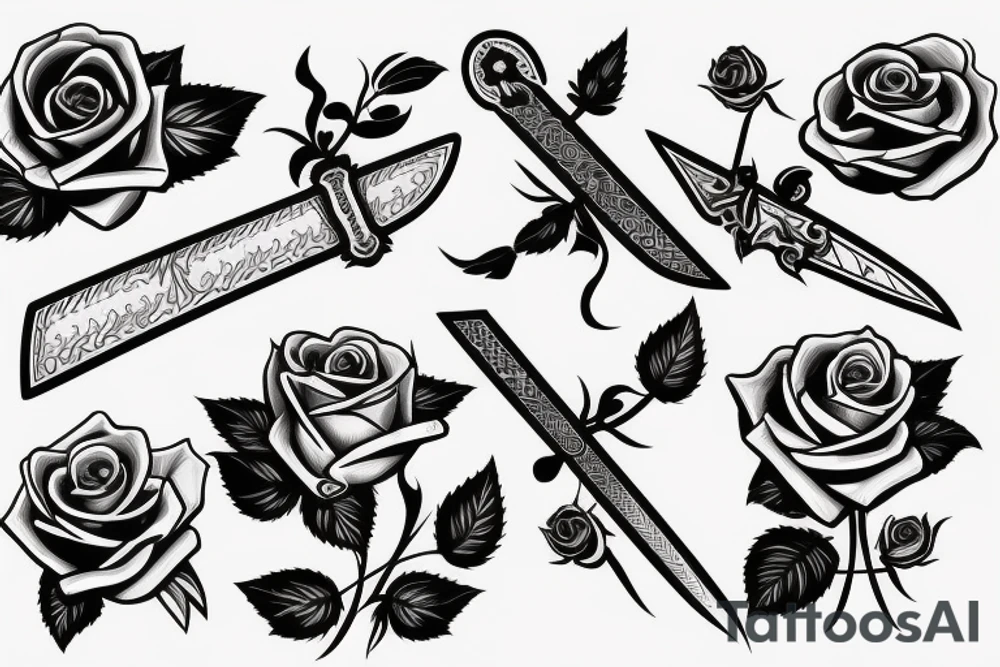 A straight sword with roses behind it tattoo idea