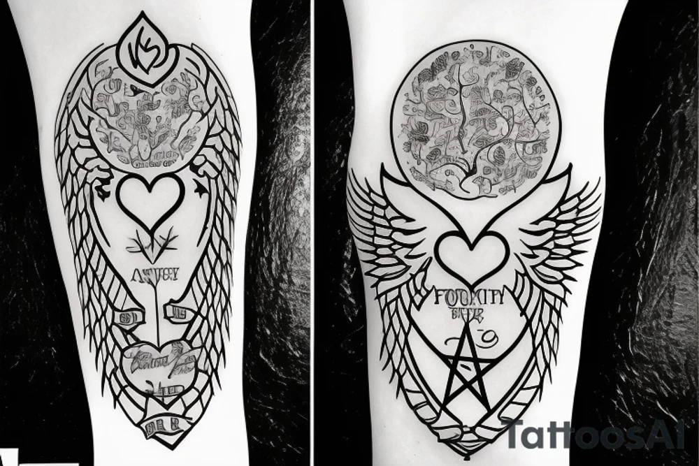 Family tree rising out of death. A rebirth of heart mind and soul. Covered in angels wings and protected by the almighty tattoo idea