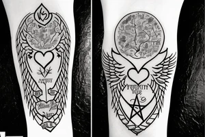 Family tree rising out of death. A rebirth of heart mind and soul. Covered in angels wings and protected by the almighty tattoo idea