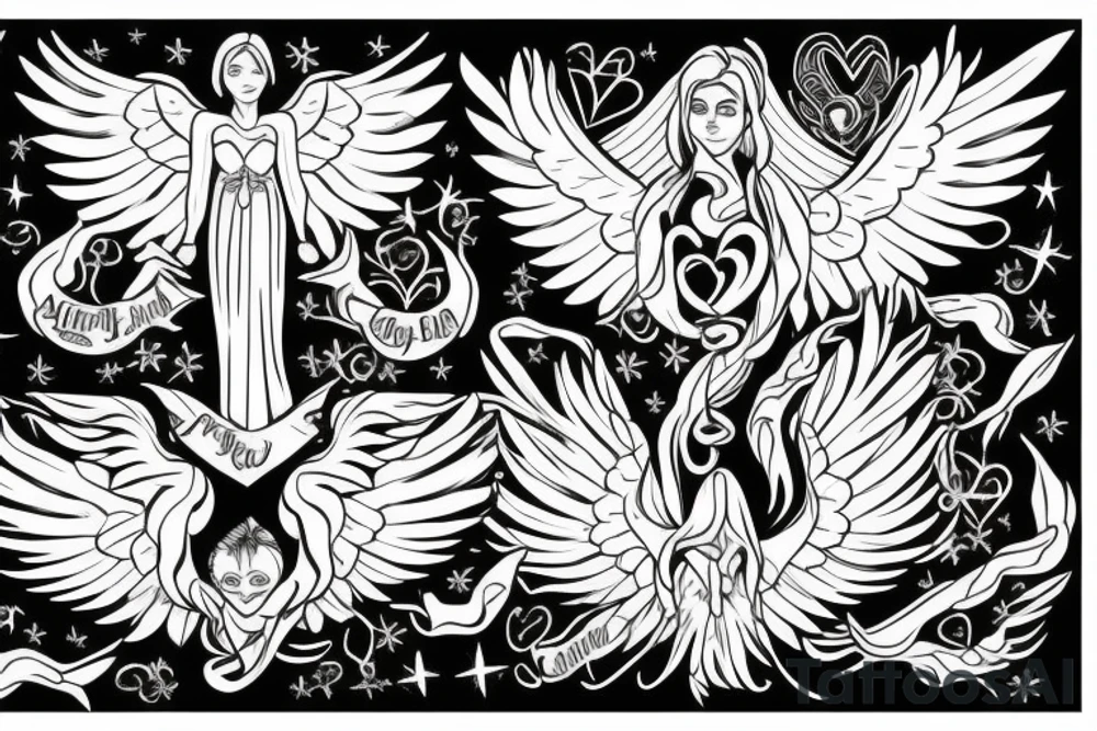 Family tree rising out of death. A rebirth of heart mind and soul. Covered in angels wings and protected by the almighty tattoo idea