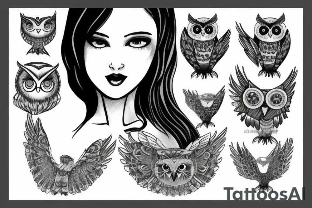 girl's face combined with an owl tattoo idea