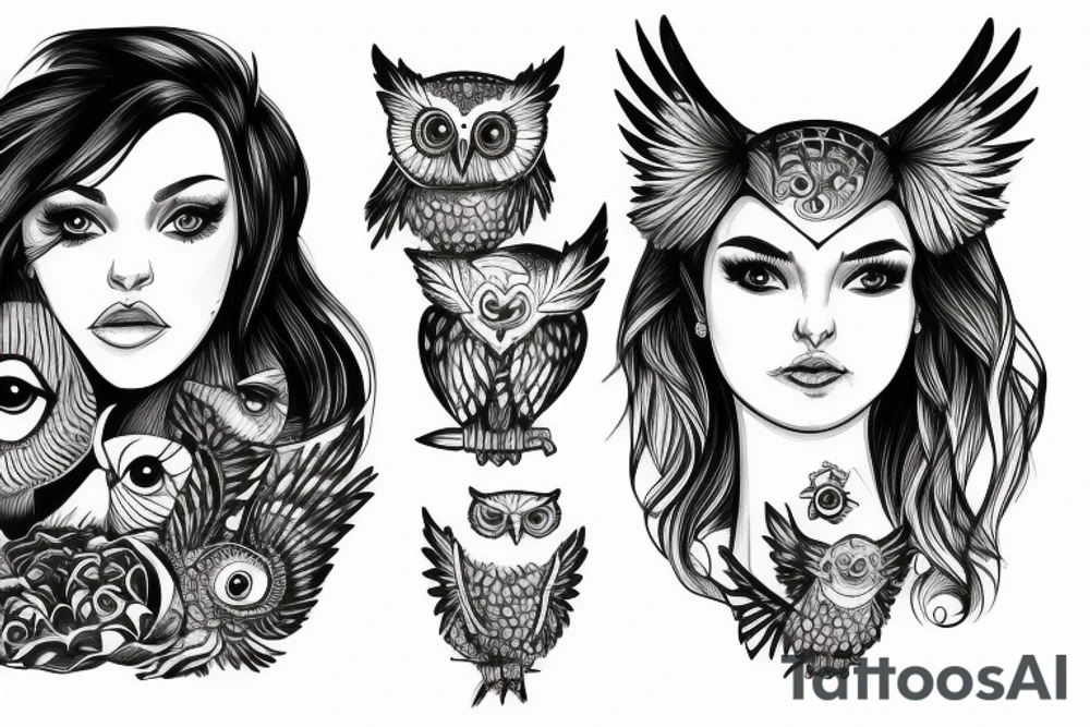 girl's face combined with an owl tattoo idea