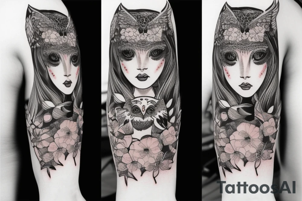 girl's face combined with an owl tattoo idea