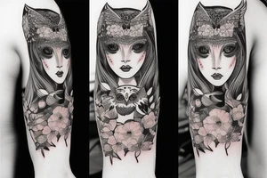 girl's face combined with an owl tattoo idea