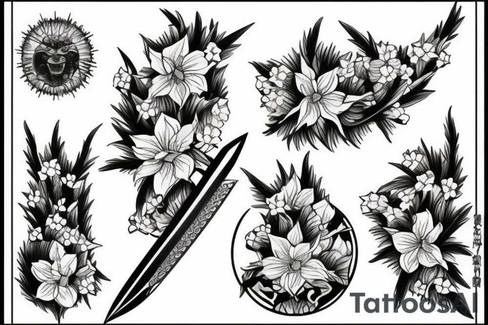 wakazashi with daffodils surronding the blade tattoo idea
