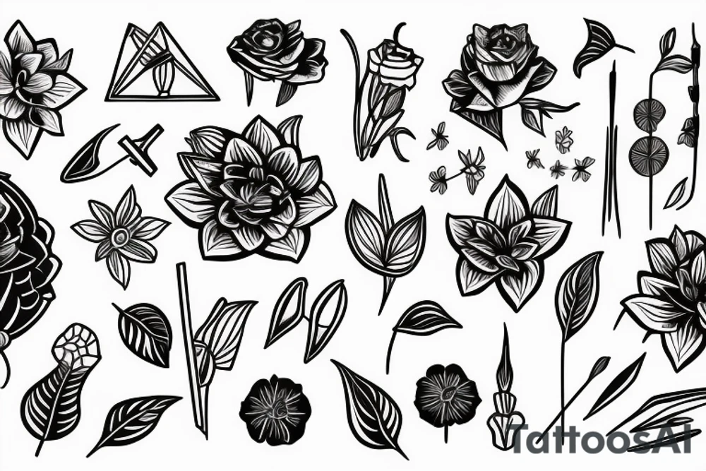 Lily, African violets,lyre flower arrangement tattoo idea