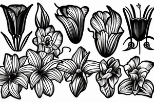 Lily, African violets,lyre flower arrangement tattoo idea