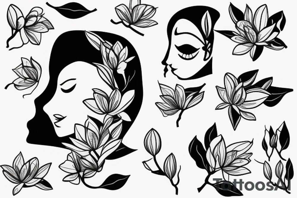 A women's body lines holding herself with a magnolia as head tattoo idea