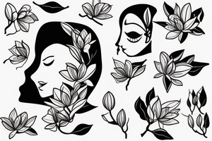 A women's body lines holding herself with a magnolia as head tattoo idea
