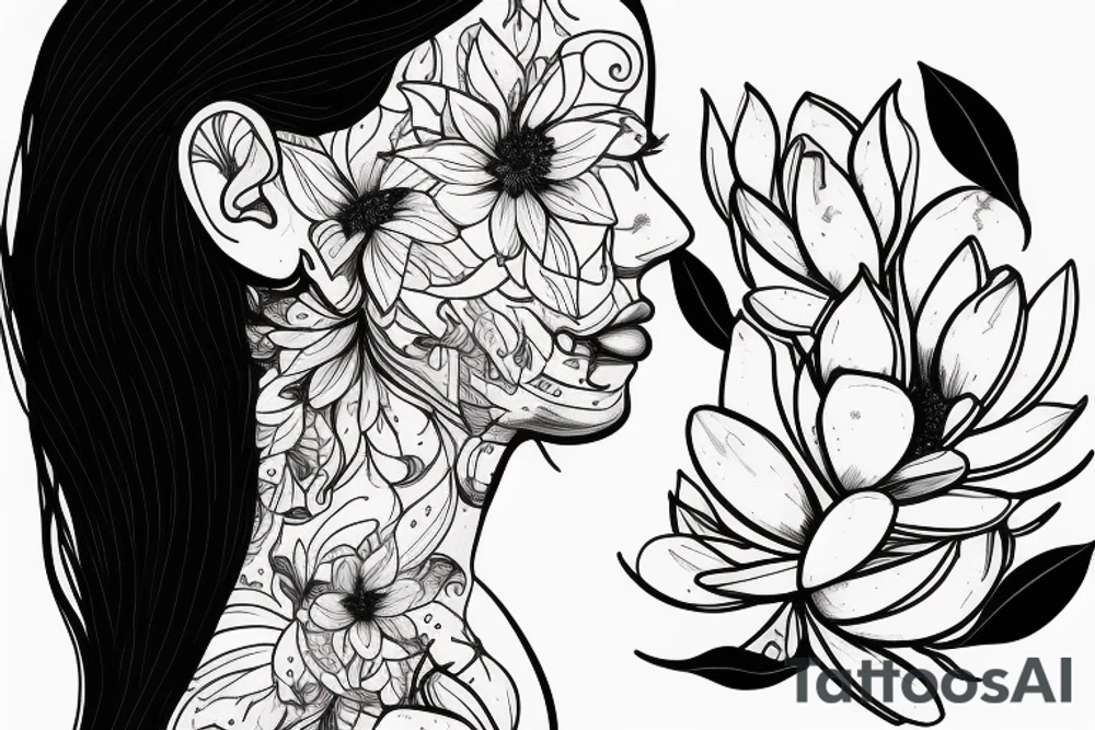 A women's body lines holding herself with a magnolia as head tattoo idea