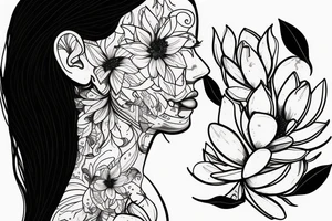 A women's body lines holding herself with a magnolia as head tattoo idea