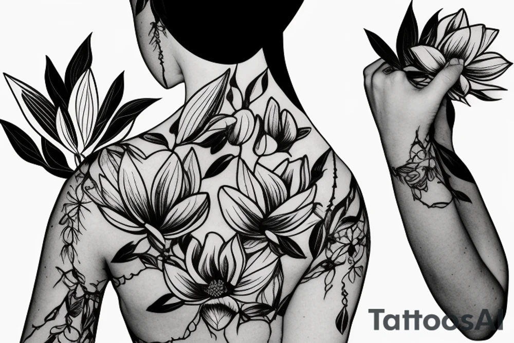 A women's body lines holding herself with a magnolia as head tattoo idea