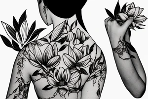 A women's body lines holding herself with a magnolia as head tattoo idea