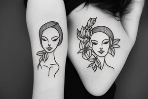 A women's body lines holding herself with a magnolia as head tattoo idea