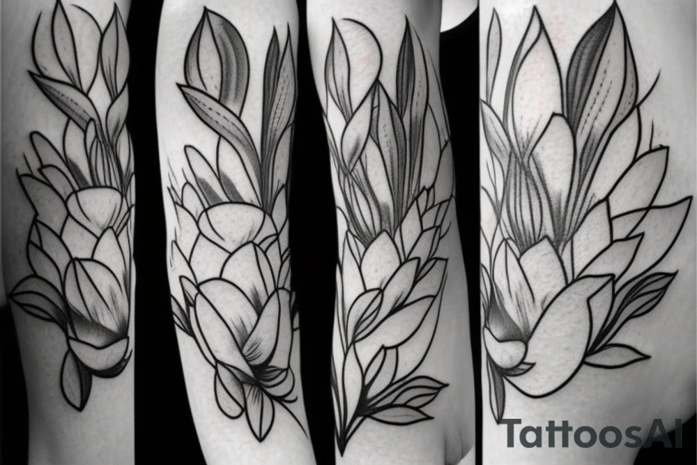 A womens body lines holding herself with a magnolia as head tattoo idea