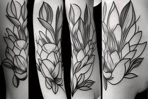 A womens body lines holding herself with a magnolia as head tattoo idea