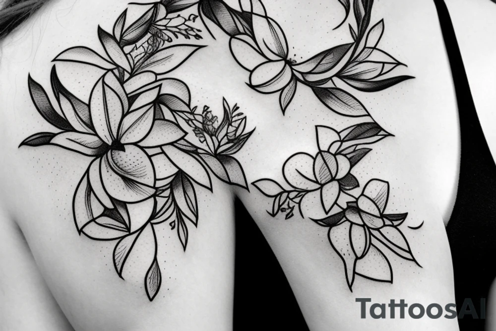 A womens body lines holding herself with a magnolia as head tattoo idea