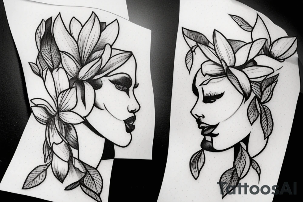 A womens body lines holding herself with a magnolia as head tattoo idea