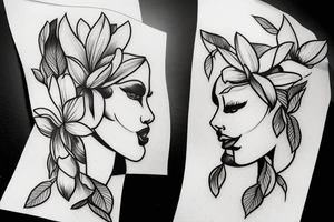 A womens body lines holding herself with a magnolia as head tattoo idea