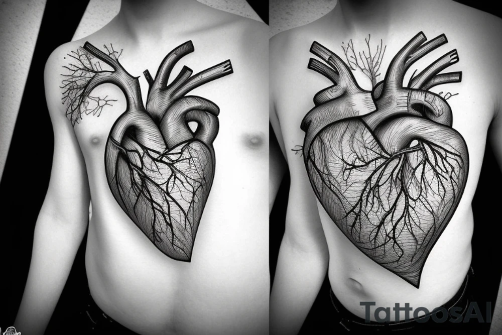 Human heart, with veins and arteries, but separately from humans tattoo idea