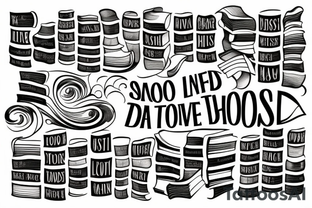 Stack of books with swirls coming from the pages. Classic font with the words I have lived a thousand lives and I have loved a thousand loves tattoo idea