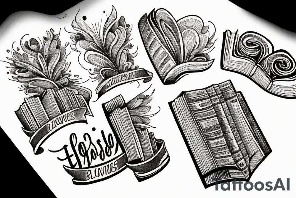 Stack of books with swirls coming from the pages. Classic font with the words I have lived a thousand lives and I have loved a thousand loves tattoo idea