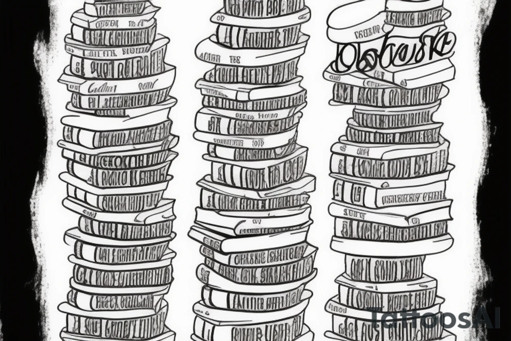 3 books stacked. Top book open Classic font with the words I have lived a thousand lives and I have loved a thousand loves tattoo idea