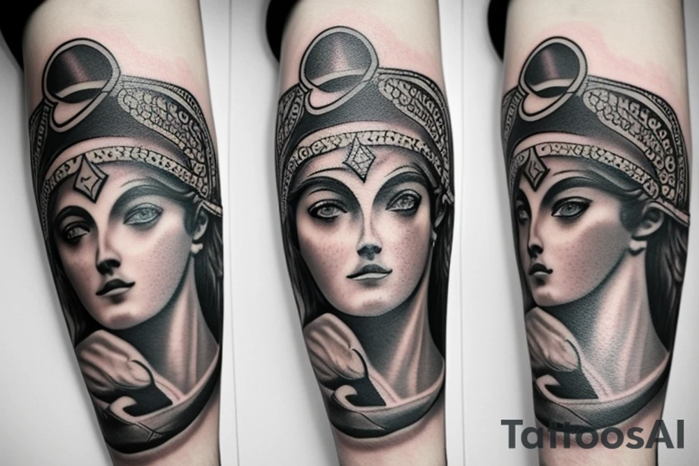 A tattoo sleeve on the left arm based on Greek mythology with the goddess Athena large near the shoulder, Hades on the inner forearm with his dog and Artemis and Appolo on the outer forearm tattoo idea