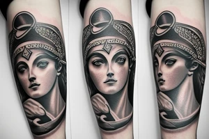 A tattoo sleeve on the left arm based on Greek mythology with the goddess Athena large near the shoulder, Hades on the inner forearm with his dog and Artemis and Appolo on the outer forearm tattoo idea