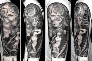 A tattoo sleeve on the left arm based on Greek mythology with the goddess Athena large near the shoulder, Hades on the inner forearm with his dog and Artemis and Appolo on the outer forearm tattoo idea