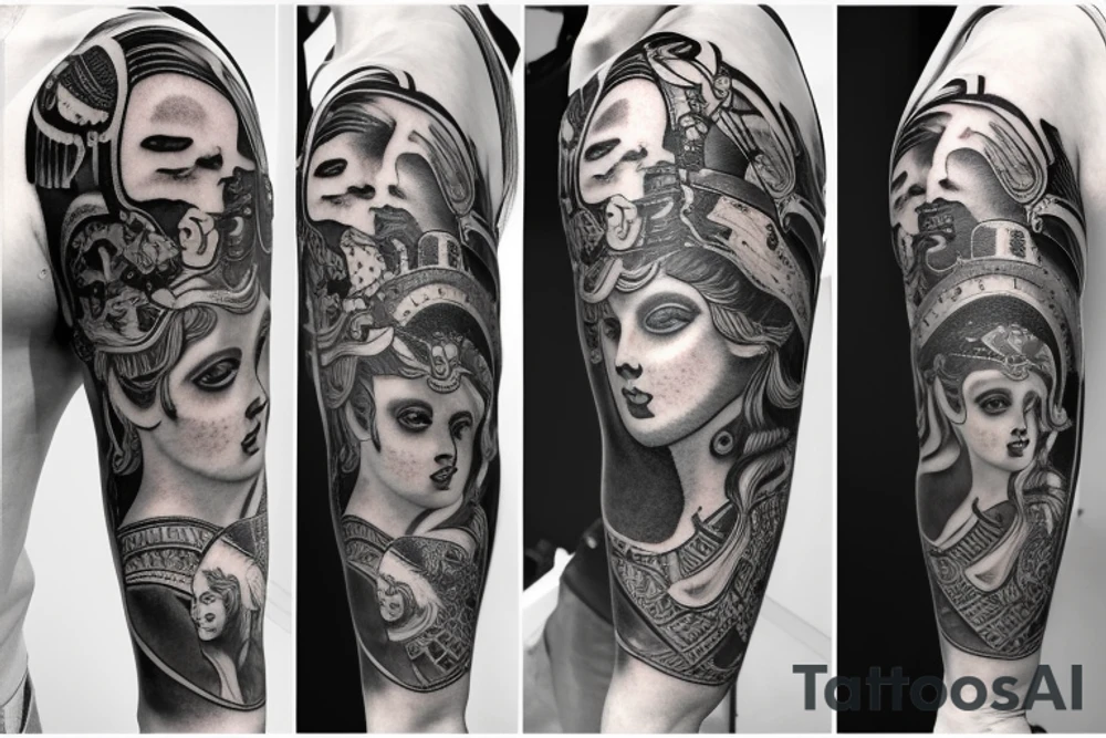 A tattoo sleeve on the left arm based on Greek mythology with the goddess Athena
 near the shoulder, Hades on the inner forearm with his dog and Artemis and Appolo on the outer forearm tattoo idea