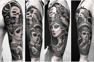A tattoo sleeve on the left arm based on Greek mythology with the goddess Athena
 near the shoulder, Hades on the inner forearm with his dog and Artemis and Appolo on the outer forearm tattoo idea