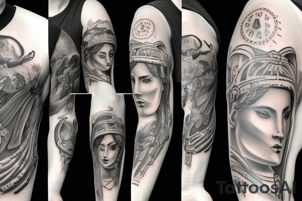 A tattoo sleeve on the left arm based on Greek mythology with the goddess Athena
 near the shoulder, Hades on the inner forearm with his dog and Artemis and Appolo on the outer forearm tattoo idea