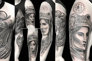 A tattoo sleeve on the left arm based on Greek mythology with the goddess Athena
 near the shoulder, Hades on the inner forearm with his dog and Artemis and Appolo on the outer forearm tattoo idea