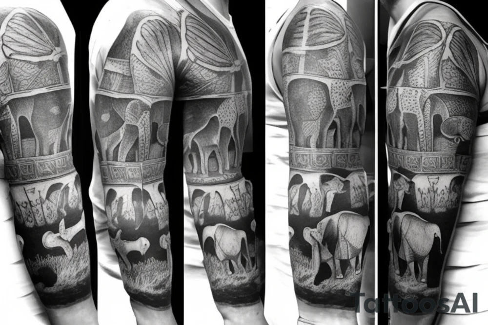 On the right arm an African savanna tatto sleeve with the focal point being an elephant on the shoulder and other African animals down the rest of the arm with the animals being, giraffes, rhino's, hippos, cheaters and buffalo tattoo idea